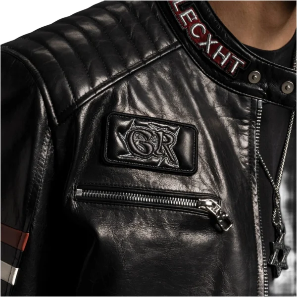 Men's Black Leather Patch Decorated Leather Biker Jacket - Image 7