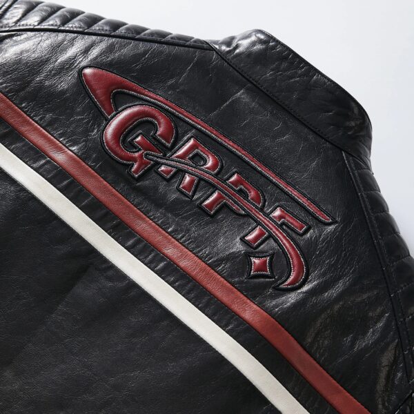 Men's Black Leather Patch Decorated Leather Biker Jacket - Image 6