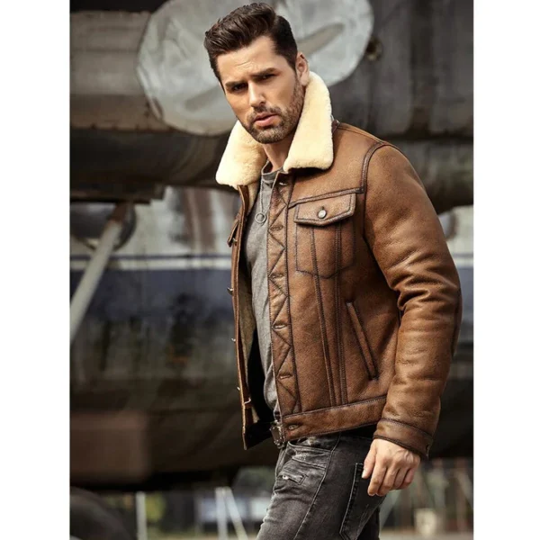 Mens Brown RAF B3 Sheepskin Trucker Shearling Leather Jacket - Image 2