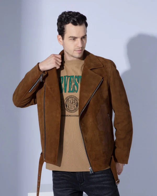 Men's Brown Suede Leather Jacket Biker Motorcycle Rider - Image 6