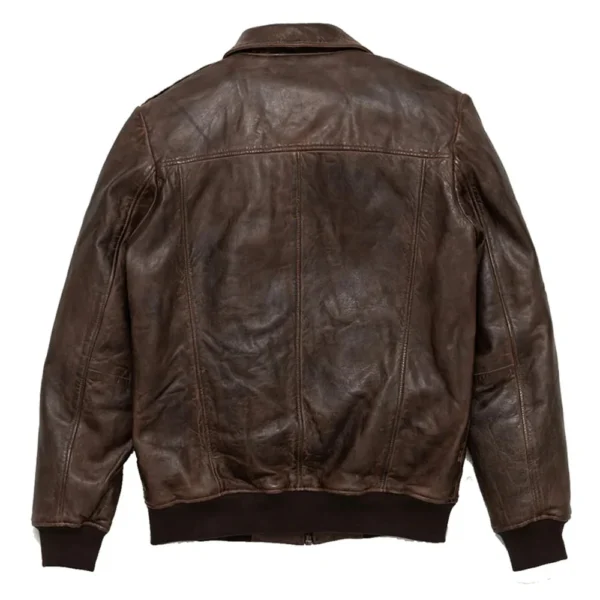 Mens Distressed Brown Leather Flight Bomber Jacket - Image 2