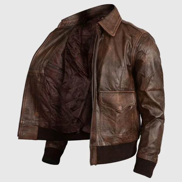 Men’s Flight Bomber Air Force A2 Brown Sheepskin Distressed Leather Jacket - Image 2