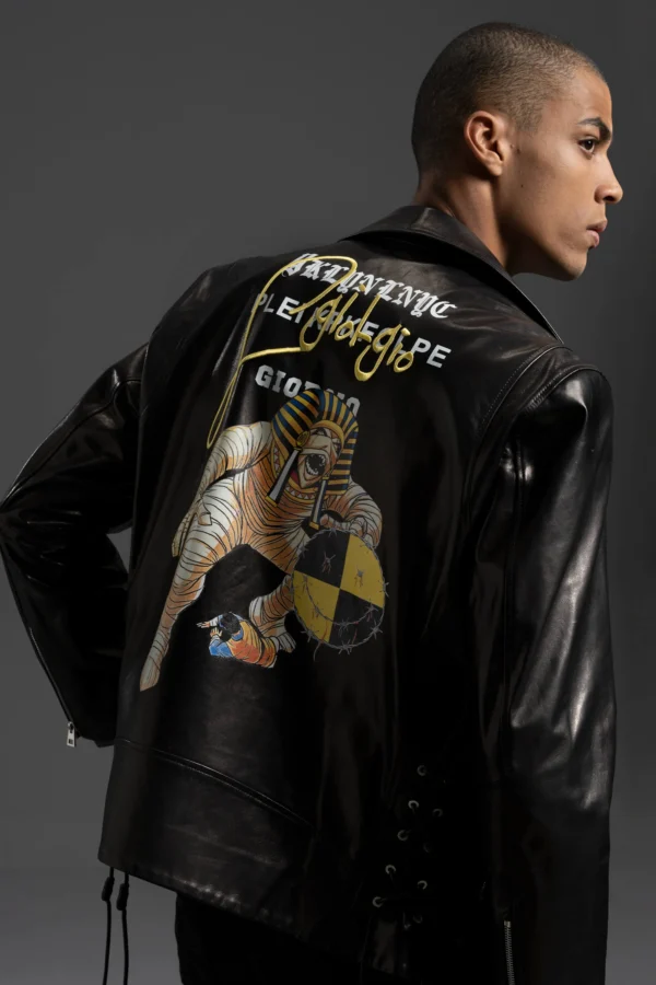 Men's Gothic Punk Leather Biker Jacket with Printed Back - Image 3