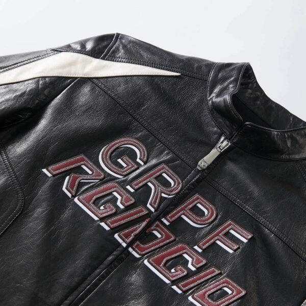 Men's Handmade Black Goatskin Patchworked Leather Racer Bomber Jacket - Image 4