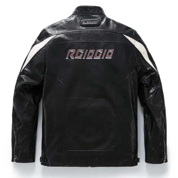 Men's Handmade Black Goatskin Patchworked Leather Racer Bomber Jacket - Image 2