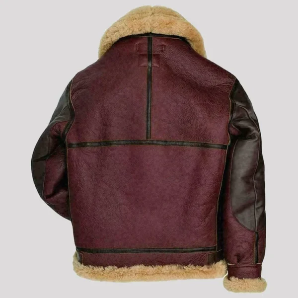 Mens Maroon RAF Aviator Fur Shearling B3 Flying Brown Bomber Real Leather Jacket - Image 2