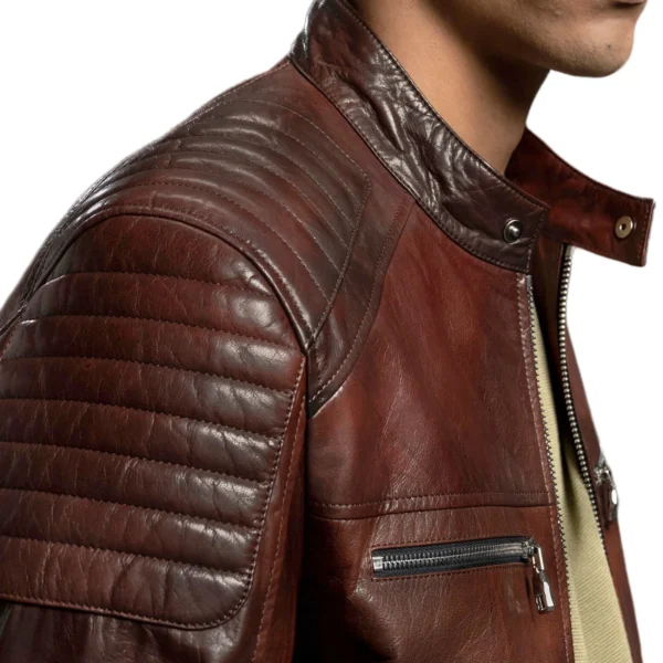 Men's Reddish Brown Goatskin Café Racer Leather Moto Jacket - Image 2