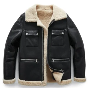 Black Real Sheepskin Shearling Trim Bomber Trucker Jacket