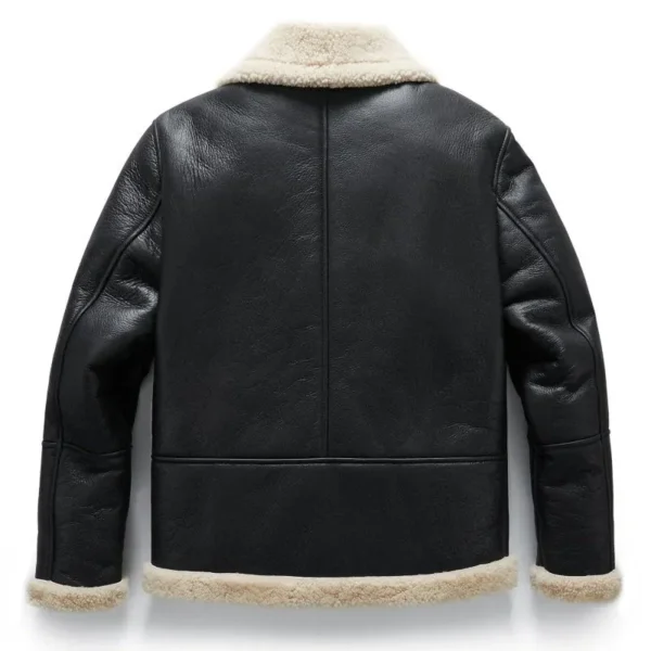 Black Real Sheepskin Shearling Trim Bomber Trucker Jacket - Image 3