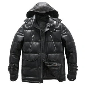 Black Goatskin Leather Puffer Down Jacket with Detachable Hood