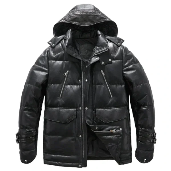 Black Goatskin Leather Puffer Down Jacket with Detachable Hood