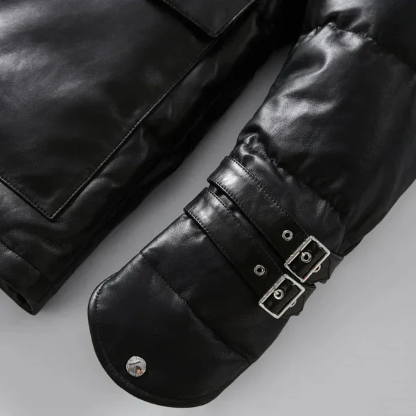 Black Goatskin Leather Puffer Down Jacket with Detachable Hood - Image 3