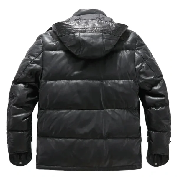 Black Goatskin Leather Puffer Down Jacket with Detachable Hood - Image 4
