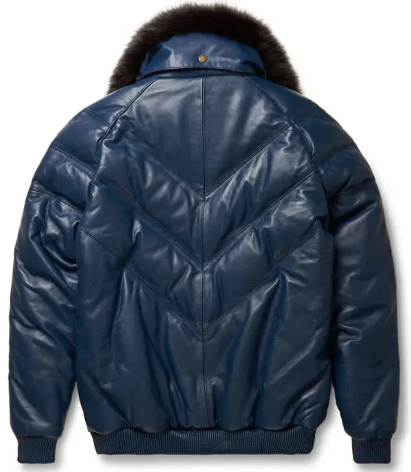 NAVY LEATHER V-BOMBER JACKET - Image 2