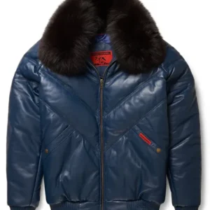 NAVY LEATHER V-BOMBER JACKET