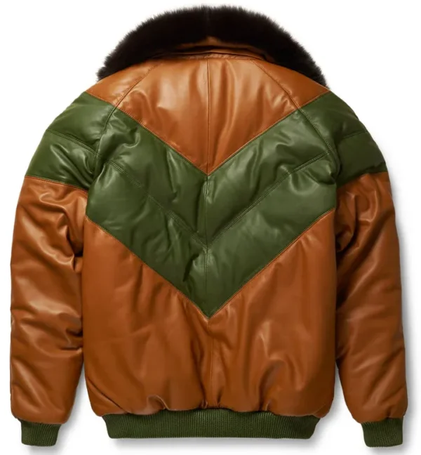 BROWN & GREEN LEATHER V-BOMBER JACKET - Image 2