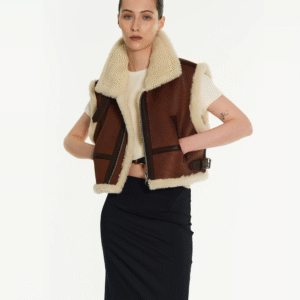 Women Sheepskin Brown Shearling Aviator Leather Vest