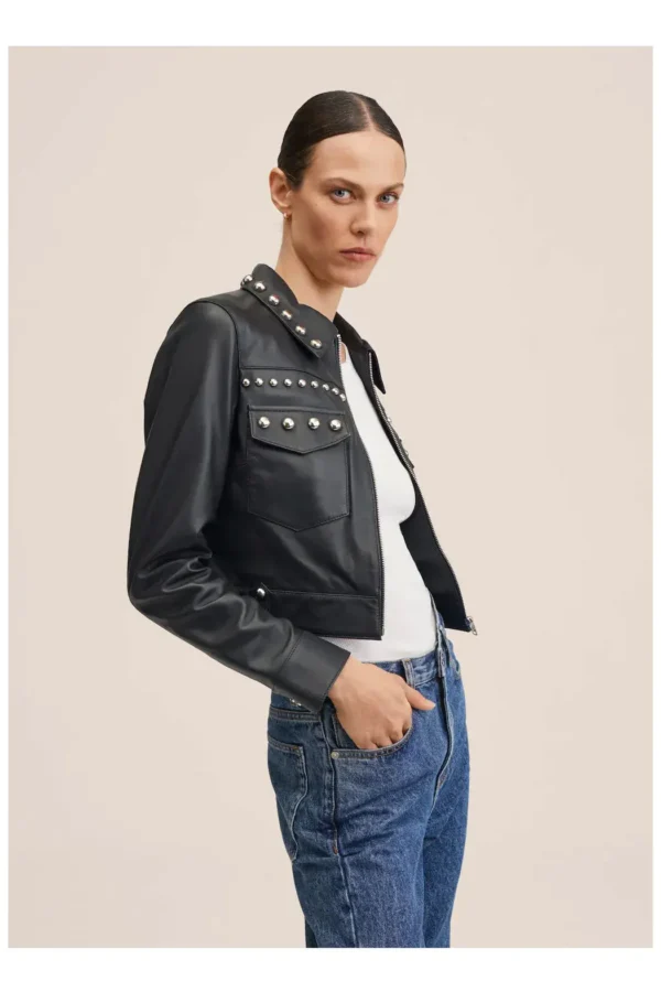 Black Women style Silver Spiked Studded Retro Motorcycle Leather Jacket - Image 4