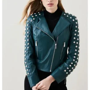 Women Chocolat Green Style Silver Spiked Studded Retro Motorcycle Leather Jacket