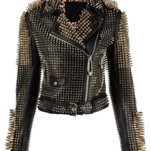 Women Black Punk Silver Long Spiked Studded Leather Biker Jacket