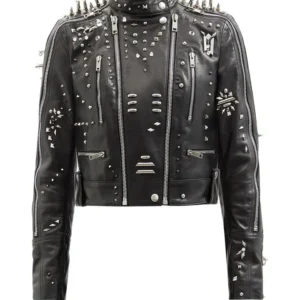 Black Women style Silver Long Spiked Studded Motorcycle Leather Jacket
