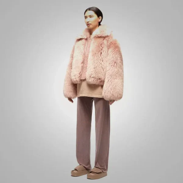 Buy Best Classic Looking Fashion Womens Pink Shearling Short Fox Fur Leather Jacket - Image 2