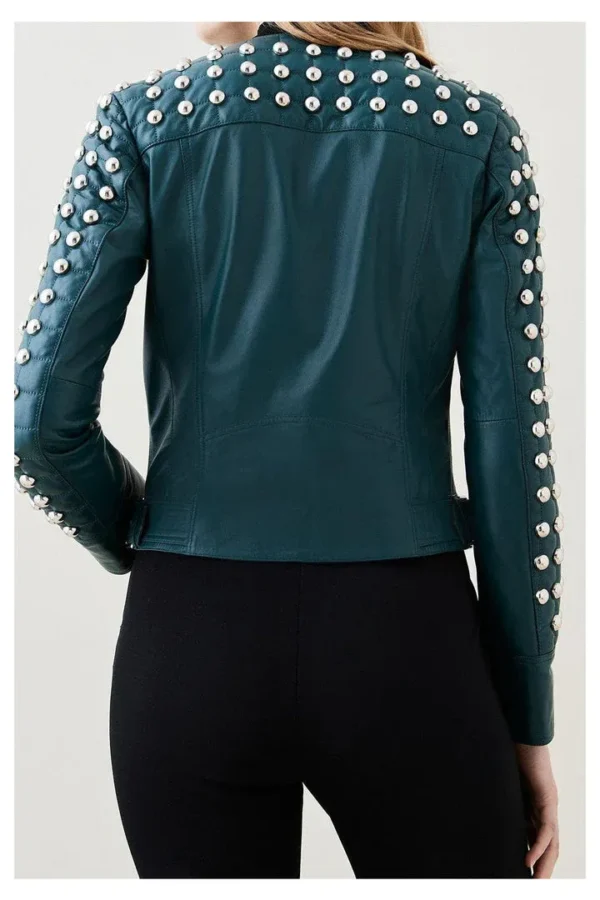 Women Chocolat Green Style Silver Spiked Studded Retro Motorcycle Leather Jacket - Image 5