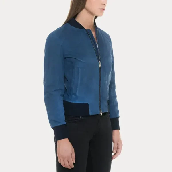 Blue Suede Bomber Jacket with Black Rib Knit Collar & Cuffs - Image 2