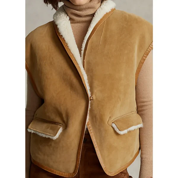 Women’s Sheepskin Brown Aviator Shearling Leather Vest - Image 2