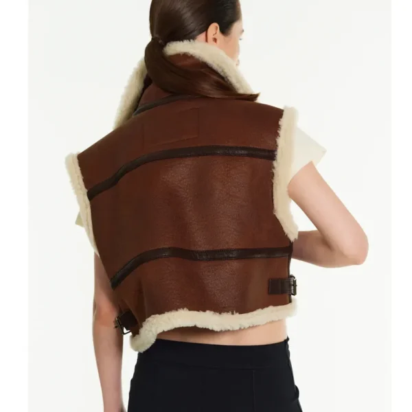 Women Sheepskin Brown Shearling Aviator Leather Vest - Image 4