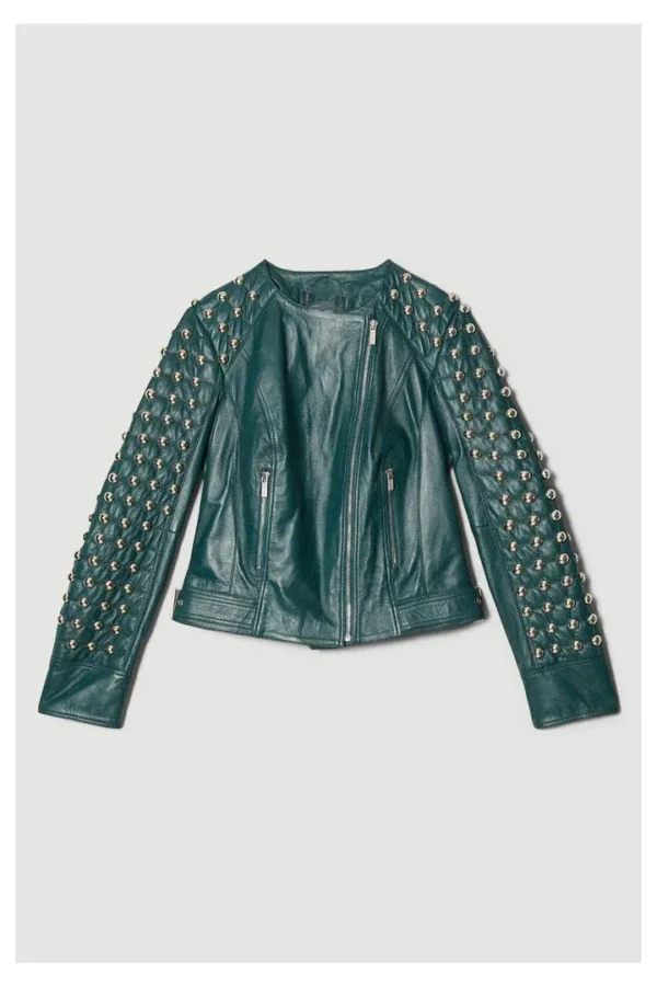Women Chocolat Green Style Silver Spiked Studded Retro Motorcycle Leather Jacket - Image 4