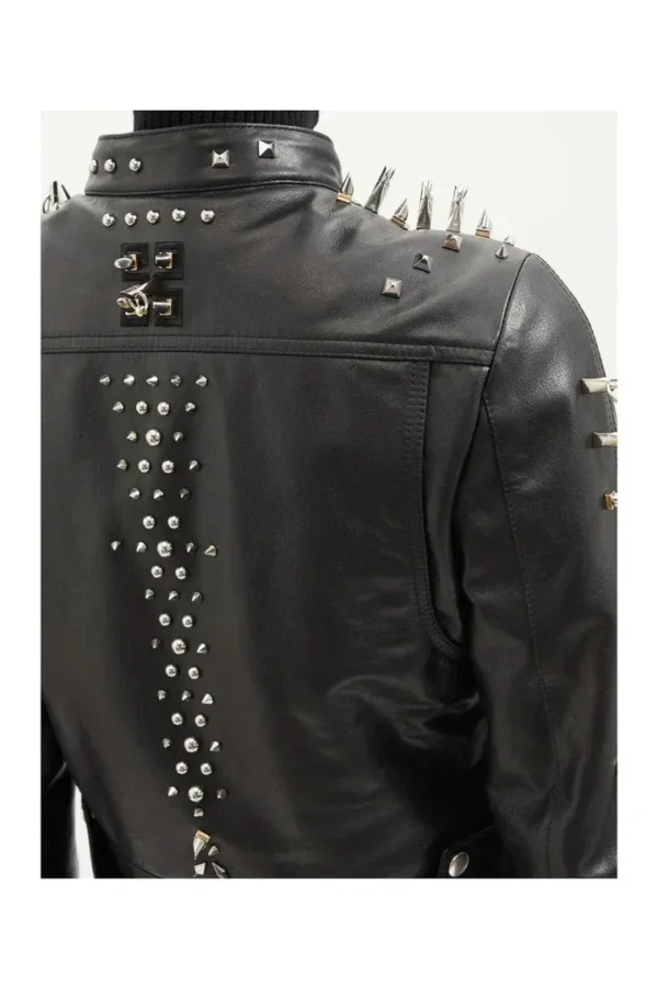 Black Women style Silver Long Spiked Studded Motorcycle Leather Jacket - Image 2
