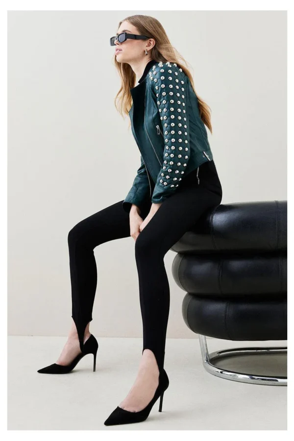 Women Chocolat Green Style Silver Spiked Studded Retro Motorcycle Leather Jacket - Image 2