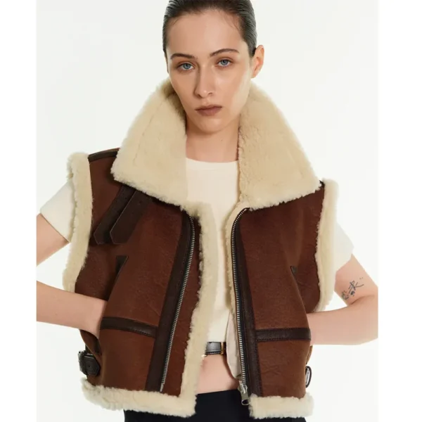 Women Sheepskin Brown Shearling Aviator Leather Vest - Image 3