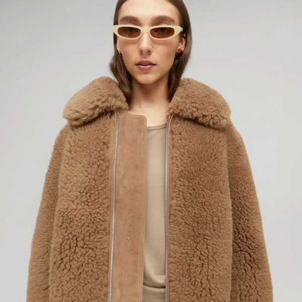 Womens Brown Fur Shearling Leather Jacket - Image 3