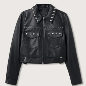 Black Women style Silver Spiked Studded Retro Motorcycle Leather Jacket