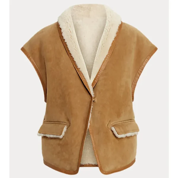 Women’s Sheepskin Brown Aviator Shearling Leather Vest - Image 4