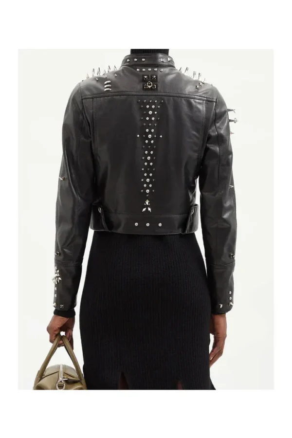 Black Women style Silver Long Spiked Studded Motorcycle Leather Jacket - Image 3