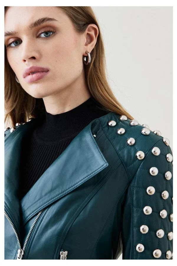 Women Chocolat Green Style Silver Spiked Studded Retro Motorcycle Leather Jacket - Image 3