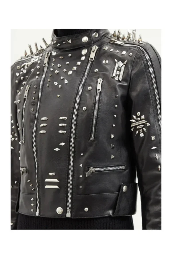 Black Women style Silver Long Spiked Studded Motorcycle Leather Jacket - Image 5