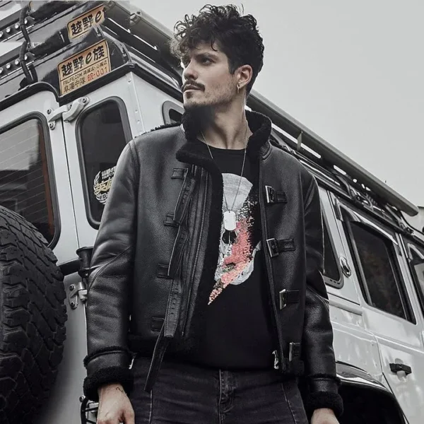 Men's B3 RAF Black Sheepskin Motorcycle Leather Shearling Jacket - Image 3