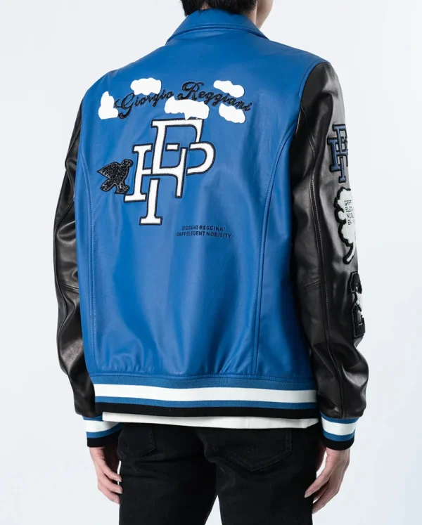 Blue-Black Patched Genuine Leather Bomber Jacket - Image 4