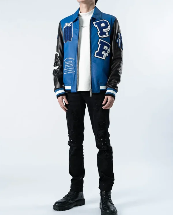 Blue-Black Patched Genuine Leather Bomber Jacket - Image 2