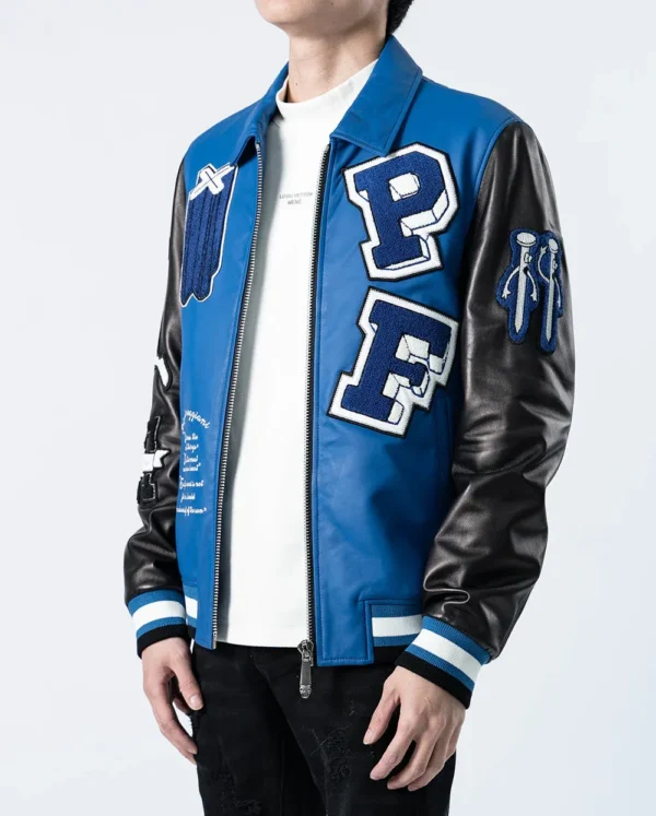 Blue-Black Patched Genuine Leather Bomber Jacket - Image 3
