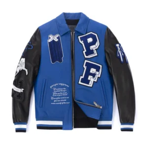 Blue-Black Patched Genuine Leather Bomber Jacket