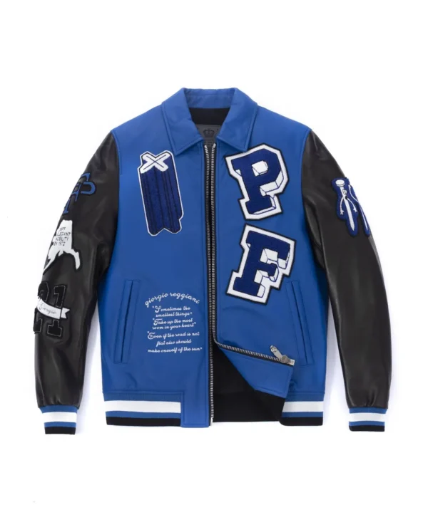 Blue-Black Patched Genuine Leather Bomber Jacket