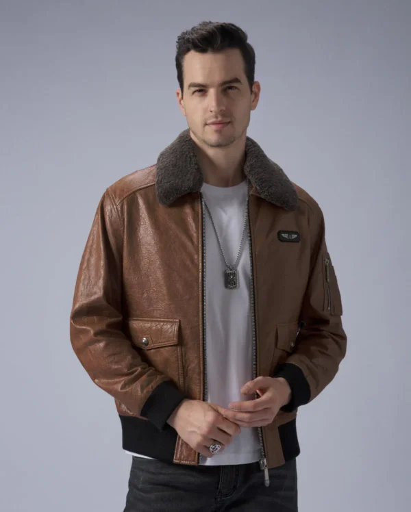 Brown G-1 Navy Leather Flight Jacket with Removable Fur Collar - Image 3