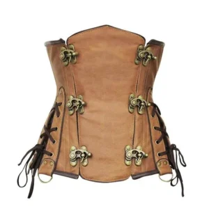 Flodin Red Brocade & Faux Leather Underbust Corset With Chain Details