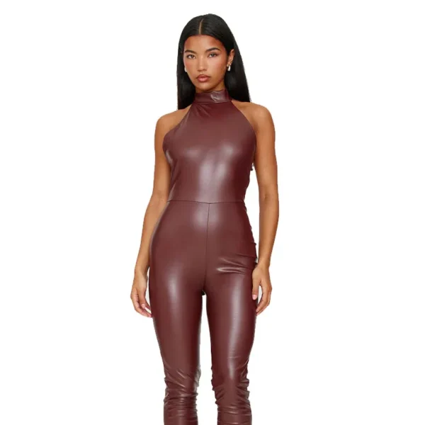 Faux Leather Jumpsuit with Halterneck and Back Tie Straight-Legged - Image 3