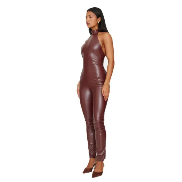 Faux Leather Jumpsuit with Halterneck and Back Tie Straight-Legged - Image 4